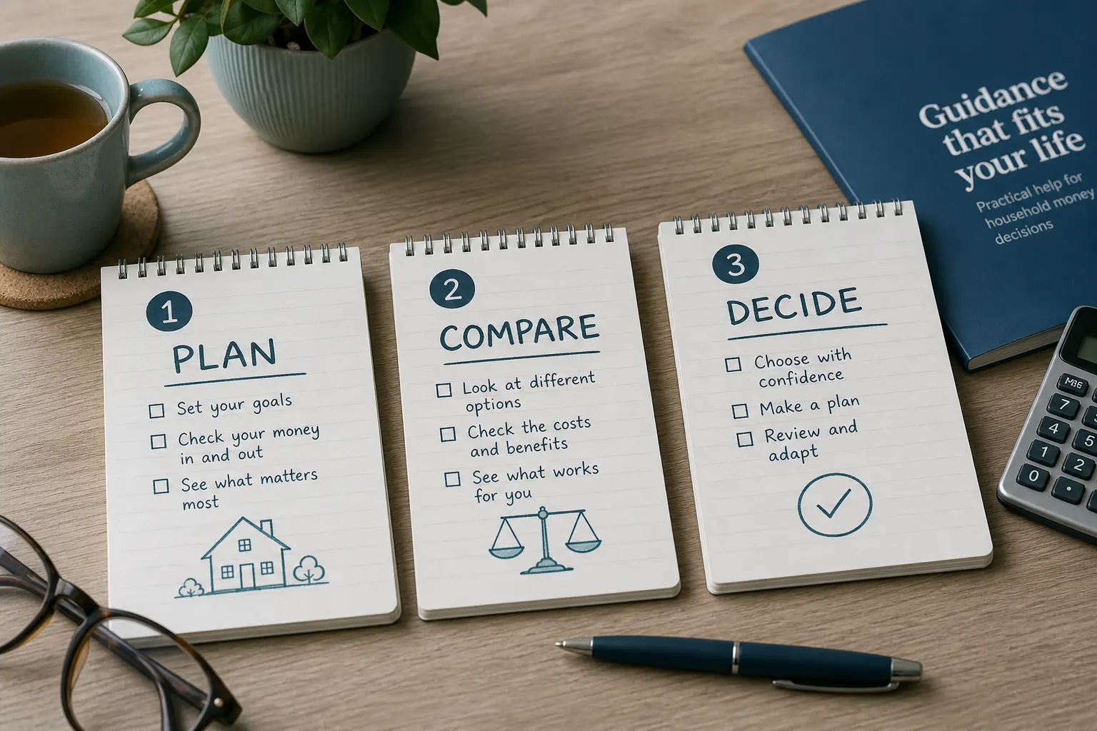 Plan, compare and decide notes on a desk