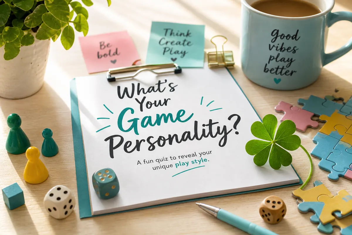 Playful desk scene with puzzle pieces and games for a fun personality quiz